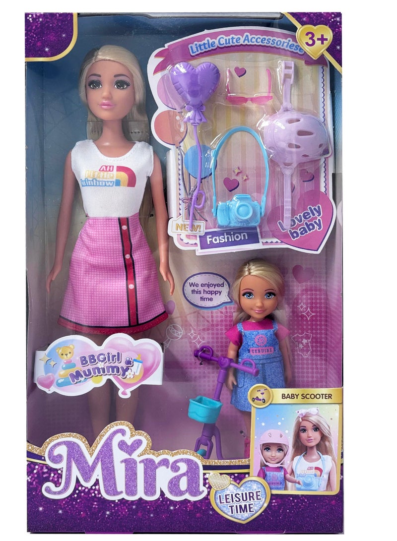 Mira Doll with Baby Girl & Scooter 11.5-inch Mira doll and 5-inch doll picnic series, scooter, camera, balloons - Image 1